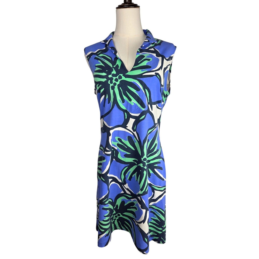 Mahi Gold Sleeveless Shift Dress Small Blue Green Floral Polo Neck Cotton Blend